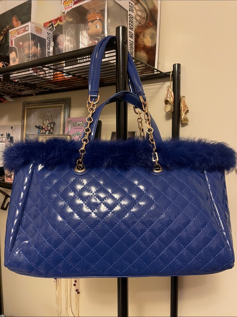 J&D Paris Blue Quilted  Faux Patent Tote with Fur Trim